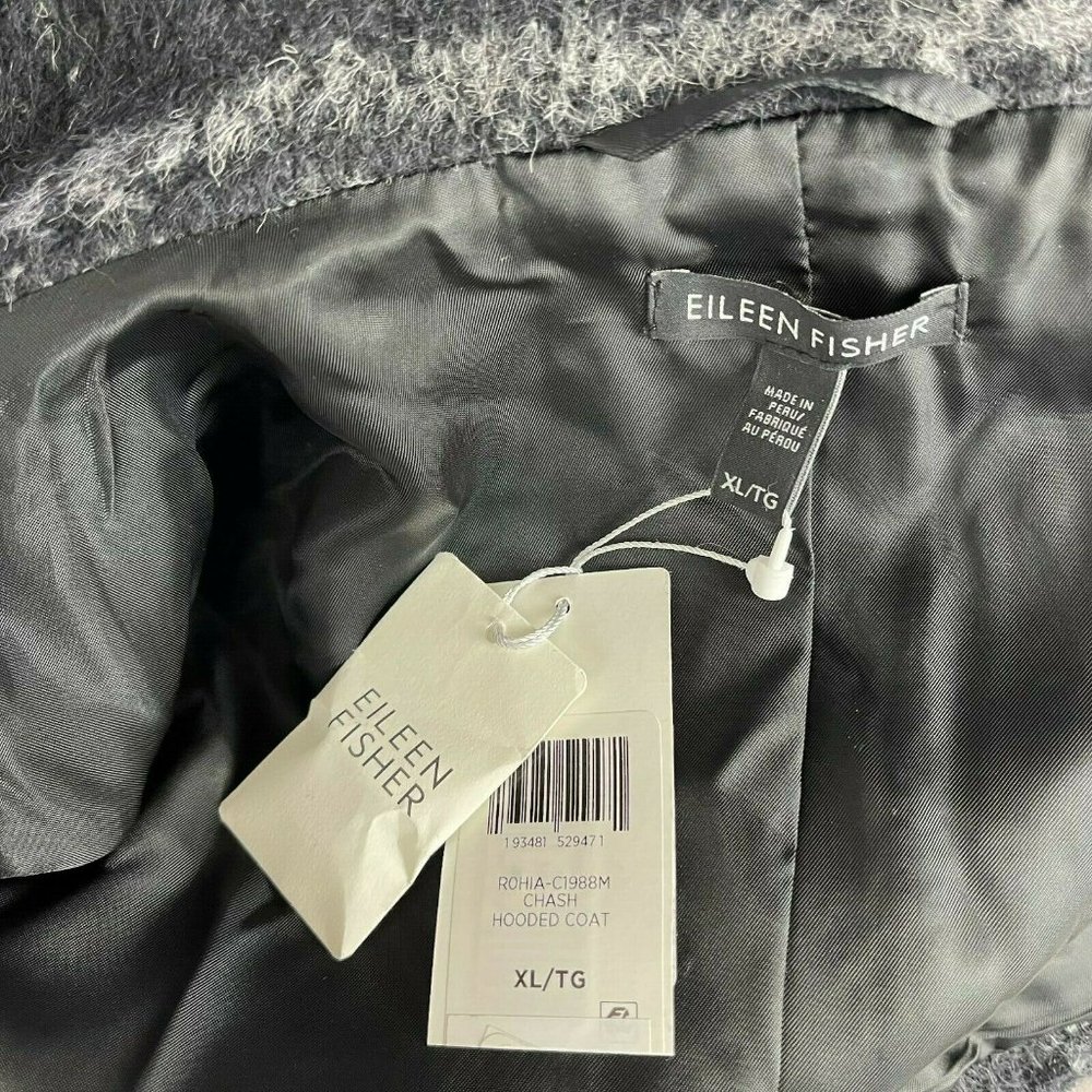 Eileen Fisher Chash Alpaca Blend Hooded Coat Lined Pockets Plaid Women XL NWT - Picture 15 of 16